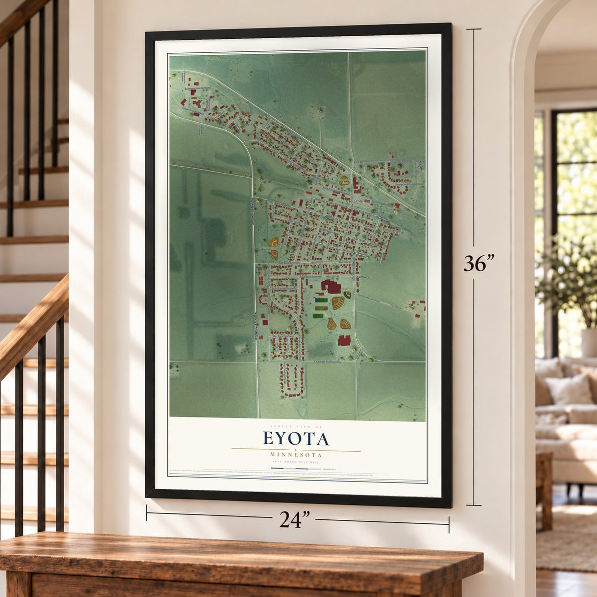 Eyota, Minnesota map, 24 x 36 inch print in a black frame by a staircase