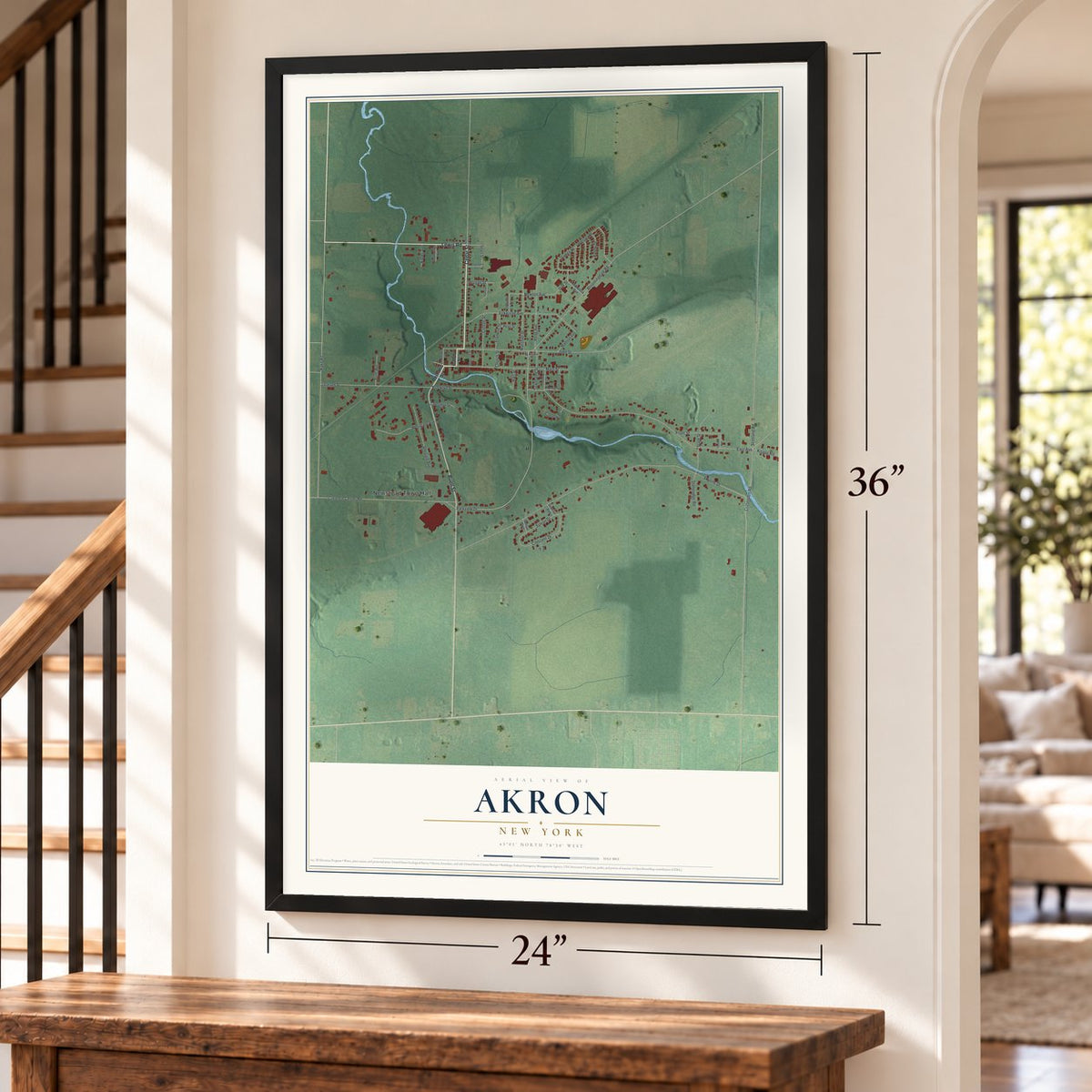 Akron, New York map, 24 x 36 inch print in a black frame by a staircase
