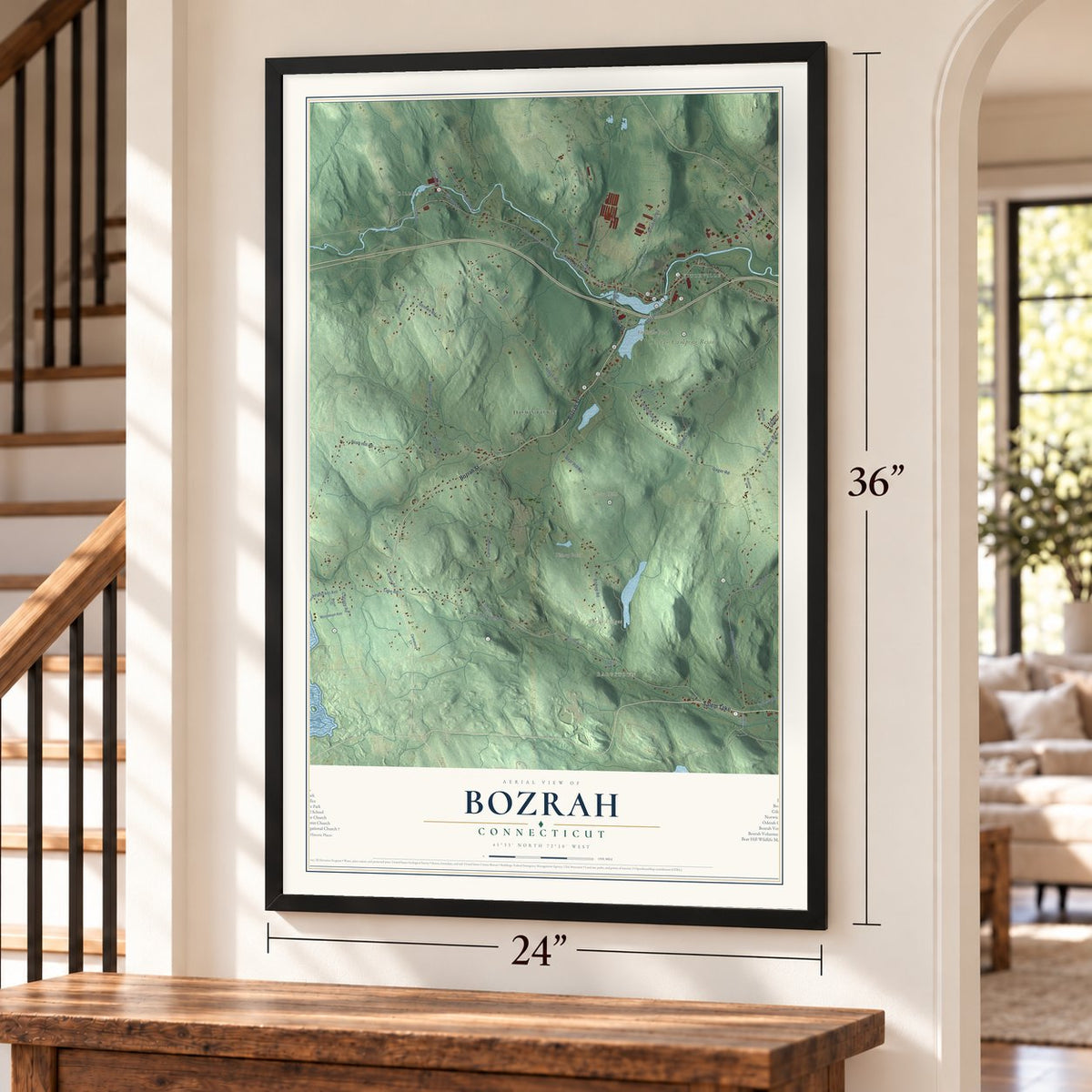 Bozrah, Connecticut map, 24 x 36 inch print in a black frame by a staircase