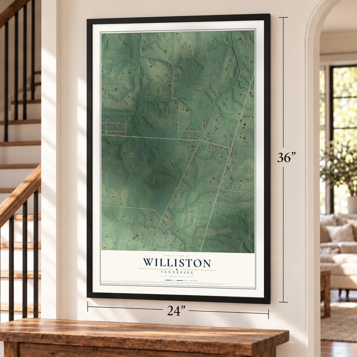 Williston, Tennessee map, 24 x 36 inch print in a black frame by a staircase