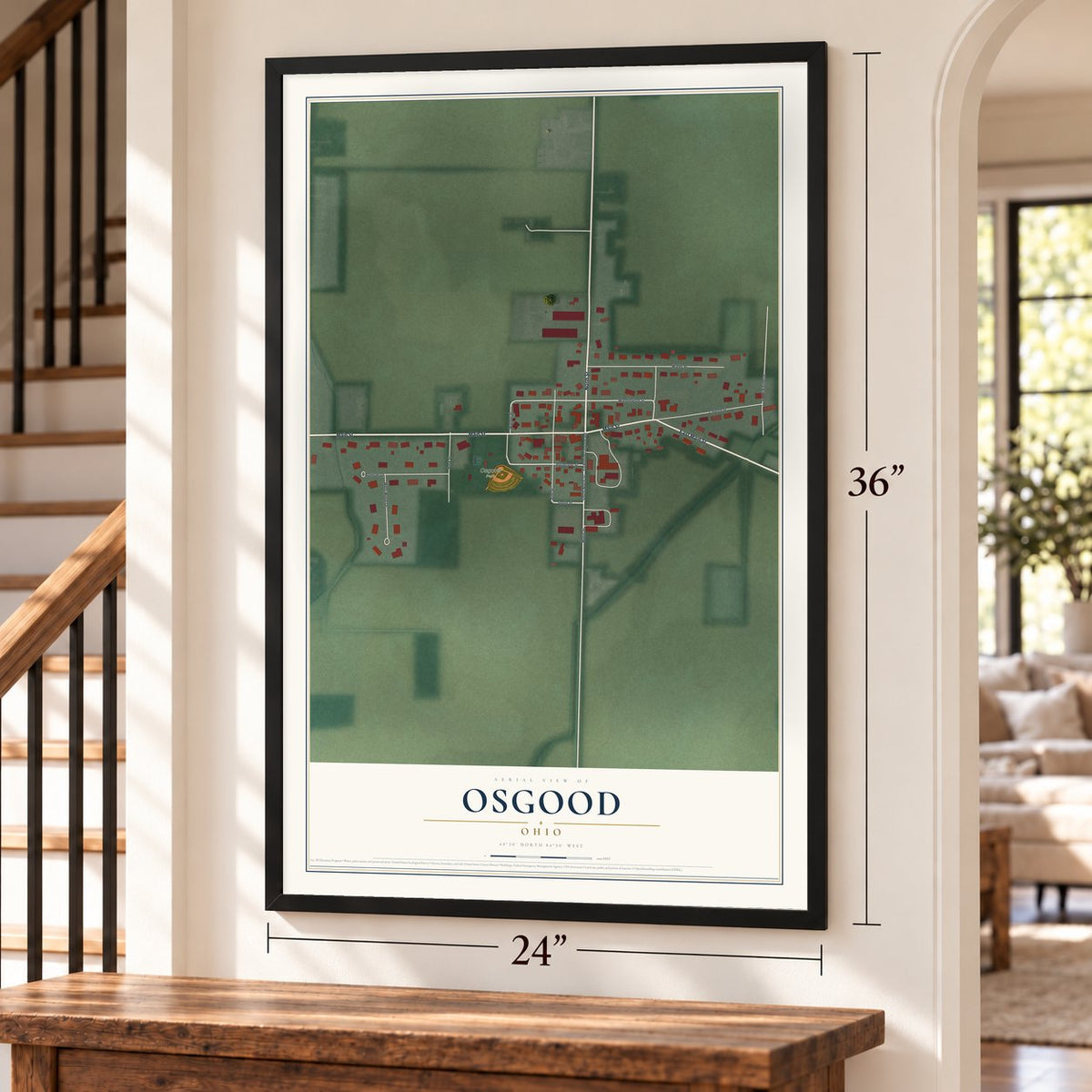 Osgood, Ohio map, 24 x 36 inch print in a black frame by a staircase
