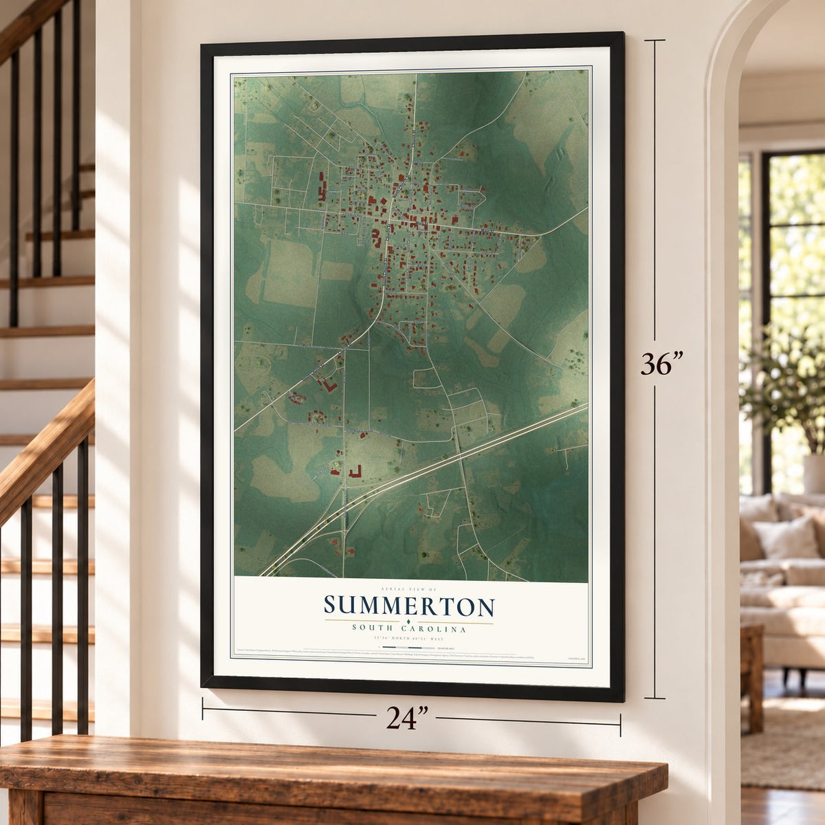 Summerton, South Carolina map, 24 x 36 inch print in a black frame by a staircase