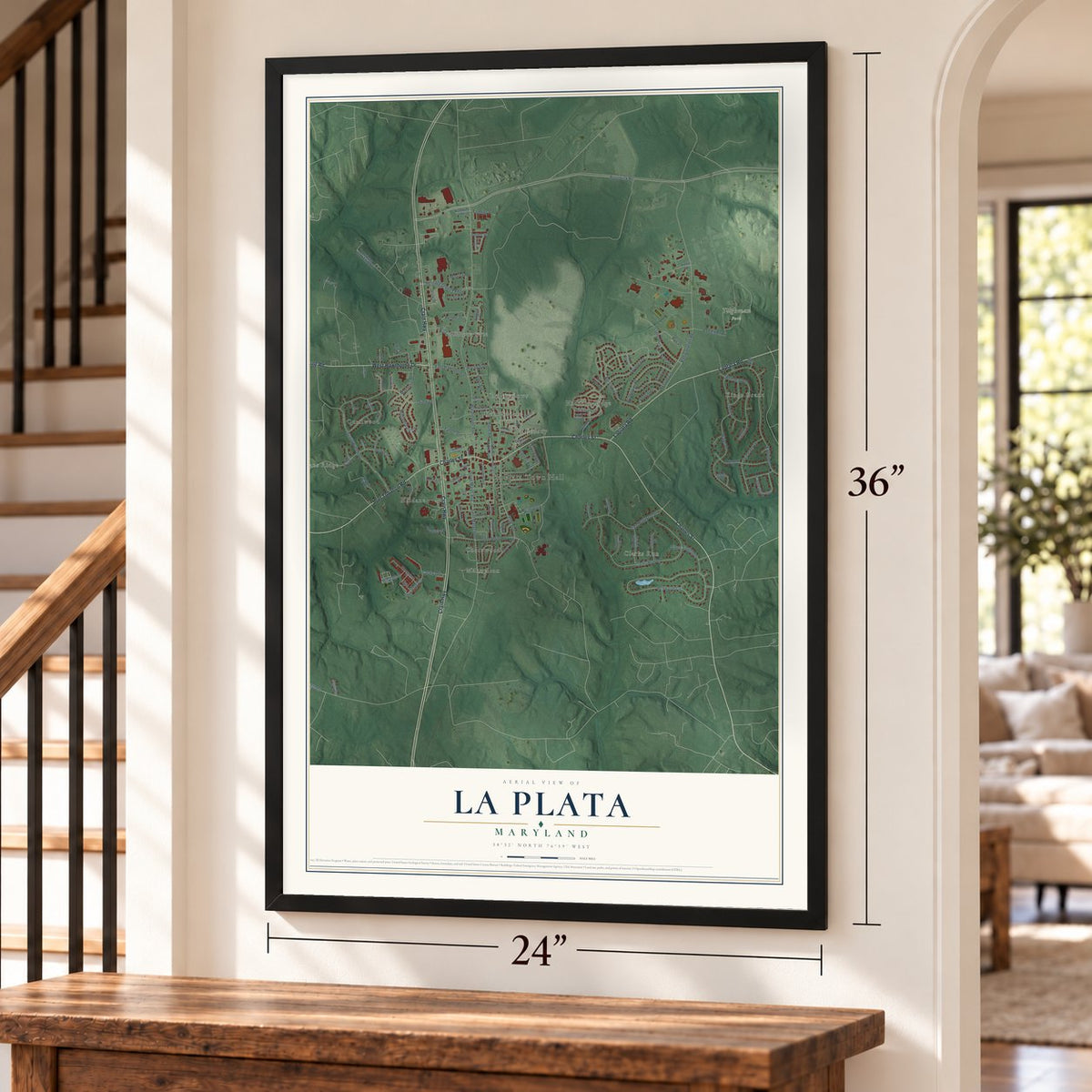 La Plata, Maryland map, 24 x 36 inch print in a black frame by a staircase