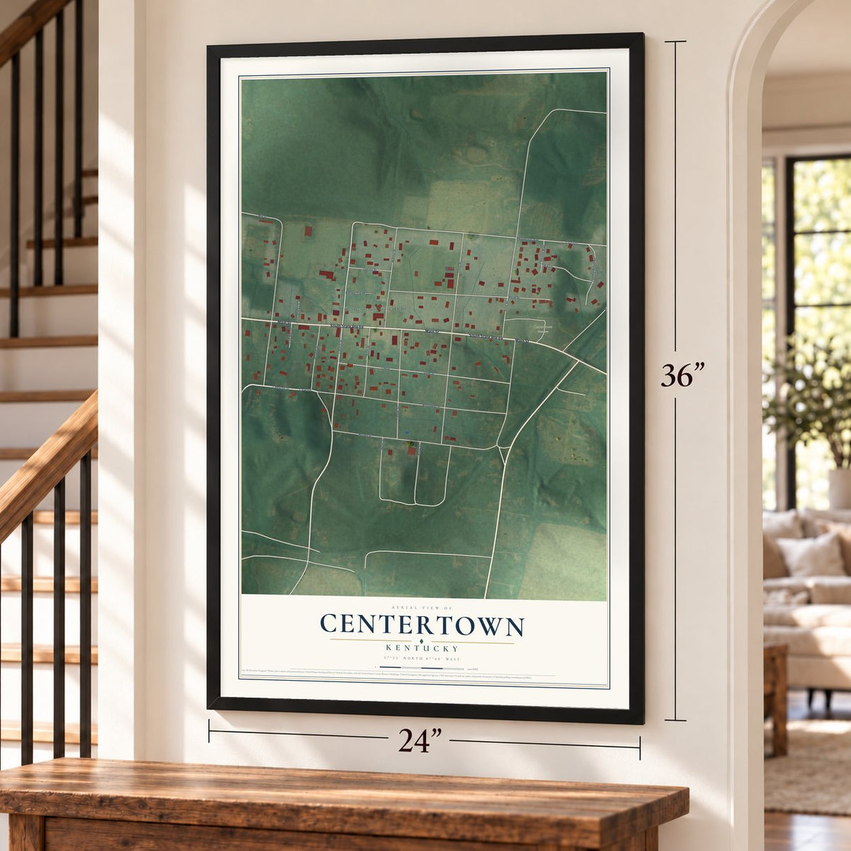 Centertown, Kentucky map, 24 x 36 inch print in a black frame by a staircase