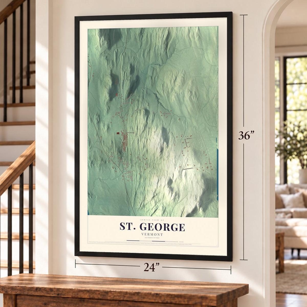 St. George, Vermont map, 24 x 36 inch print in a black frame by a staircase
