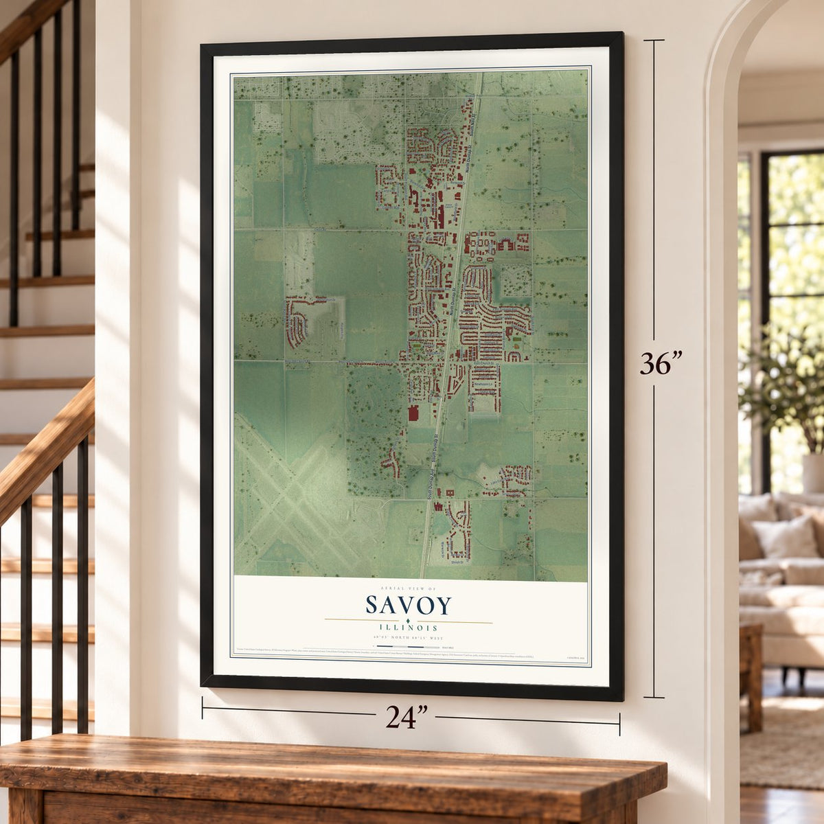 Savoy, Illinois map, 24 x 36 inch print in a black frame by a staircase