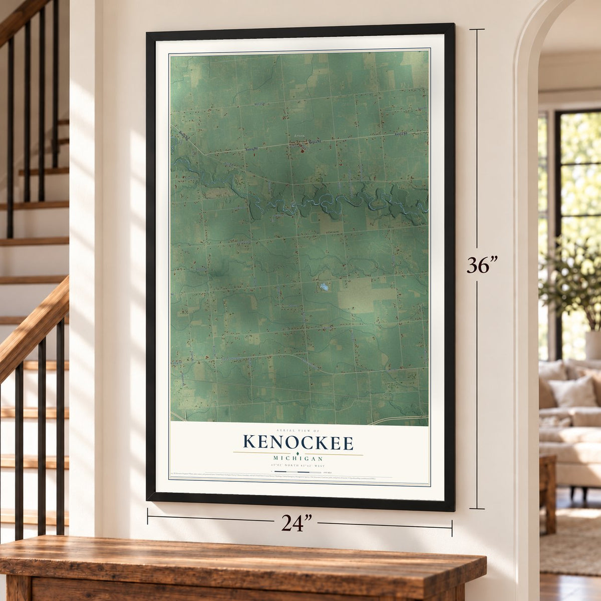 Kenockee, Michigan map, 24 x 36 inch print in a black frame by a staircase