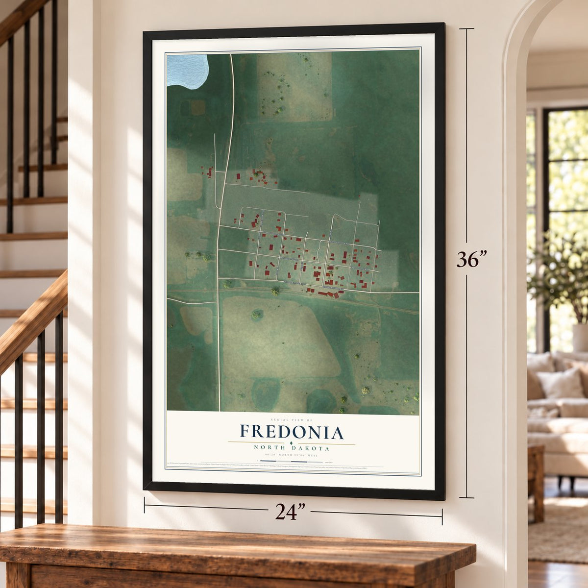 Fredonia, North Dakota map, 24 x 36 inch print in a black frame by a staircase