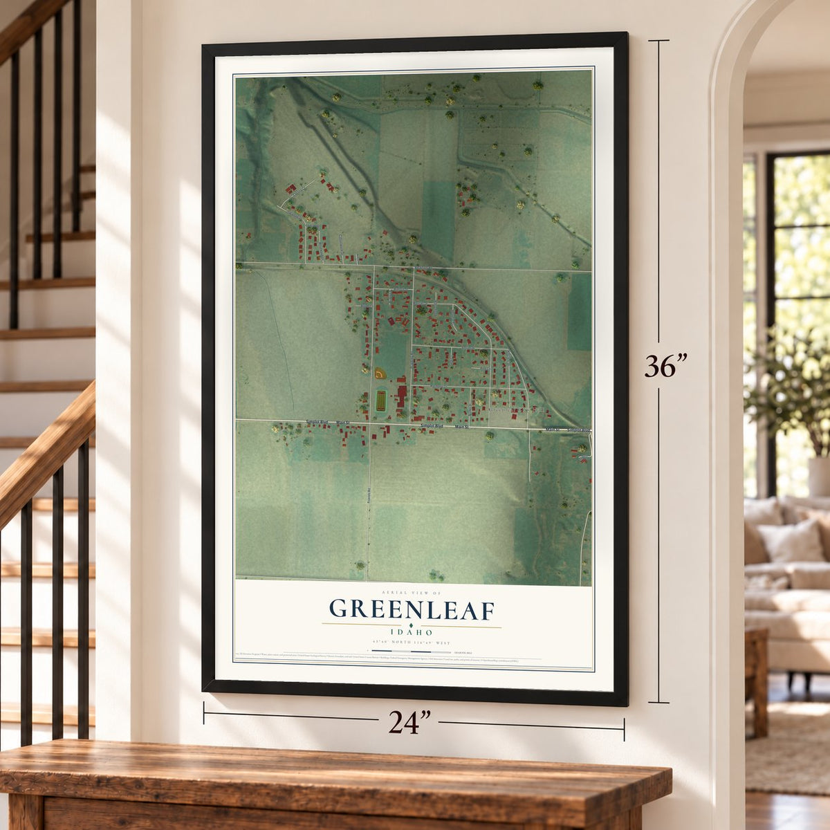 Greenleaf, Idaho map, 24 x 36 inch print in a black frame by a staircase