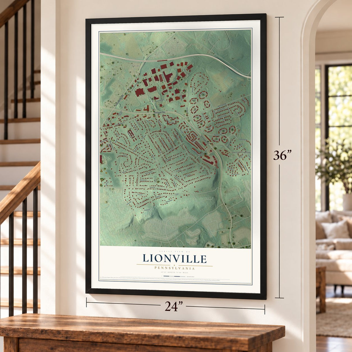 Lionville, Pennsylvania map, 24 x 36 inch print in a black frame by a staircase