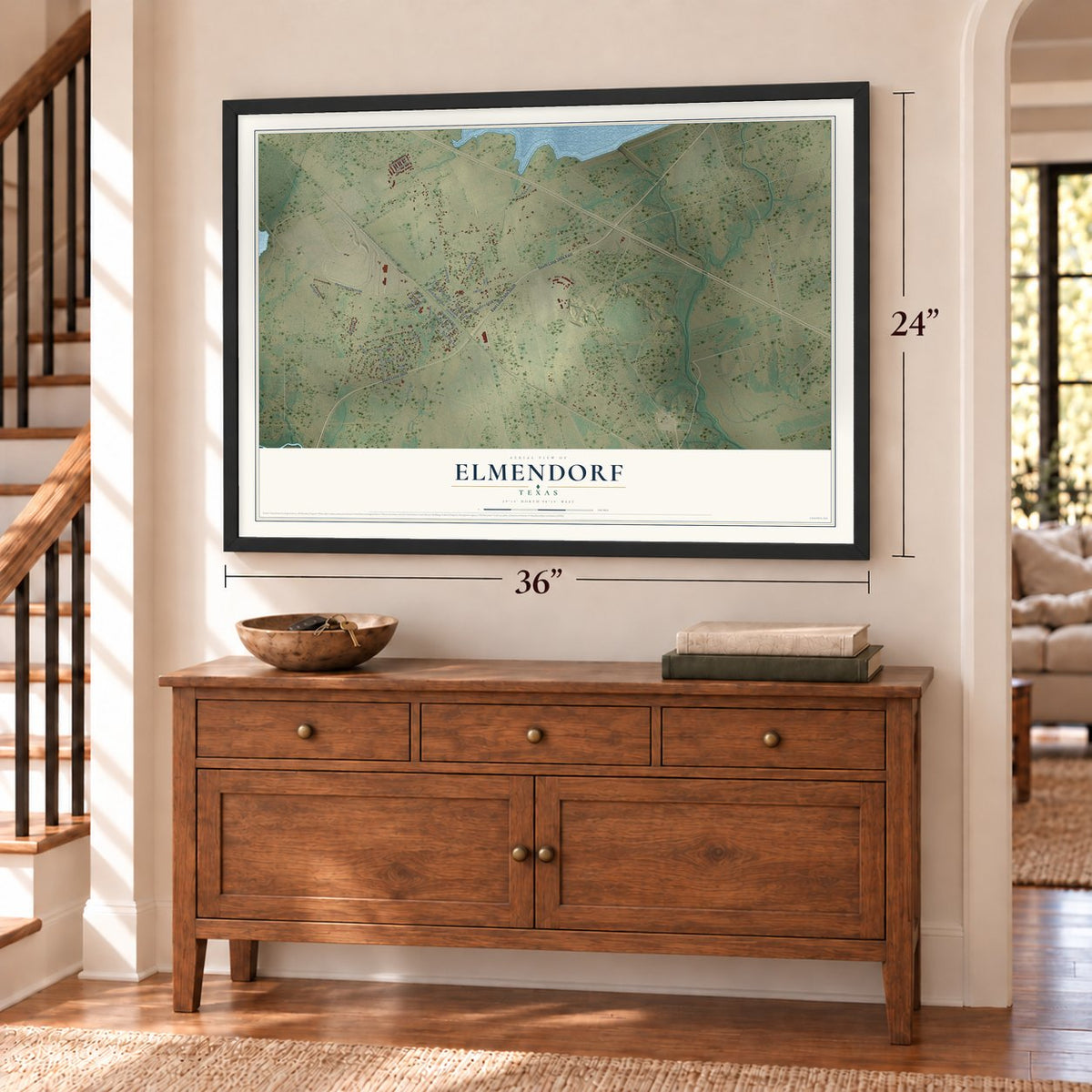 Elmendorf, Texas map, 24 x 36 inch print in a black frame above a dresser by a staircase