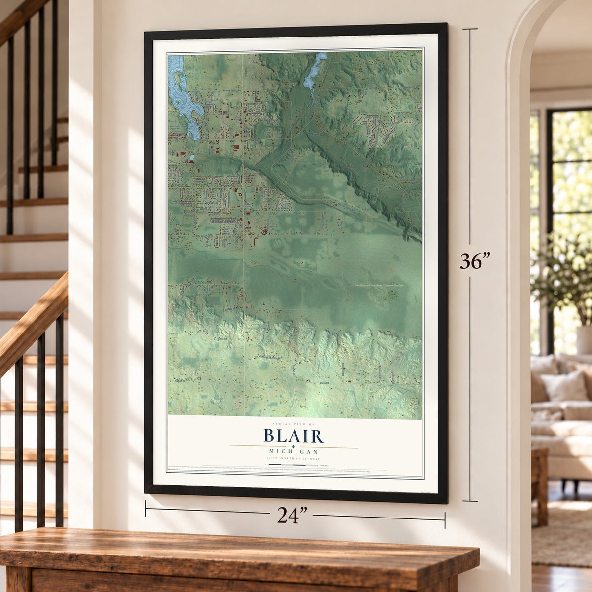Blair, Michigan map, 24 x 36 inch print in a black frame by a staircase