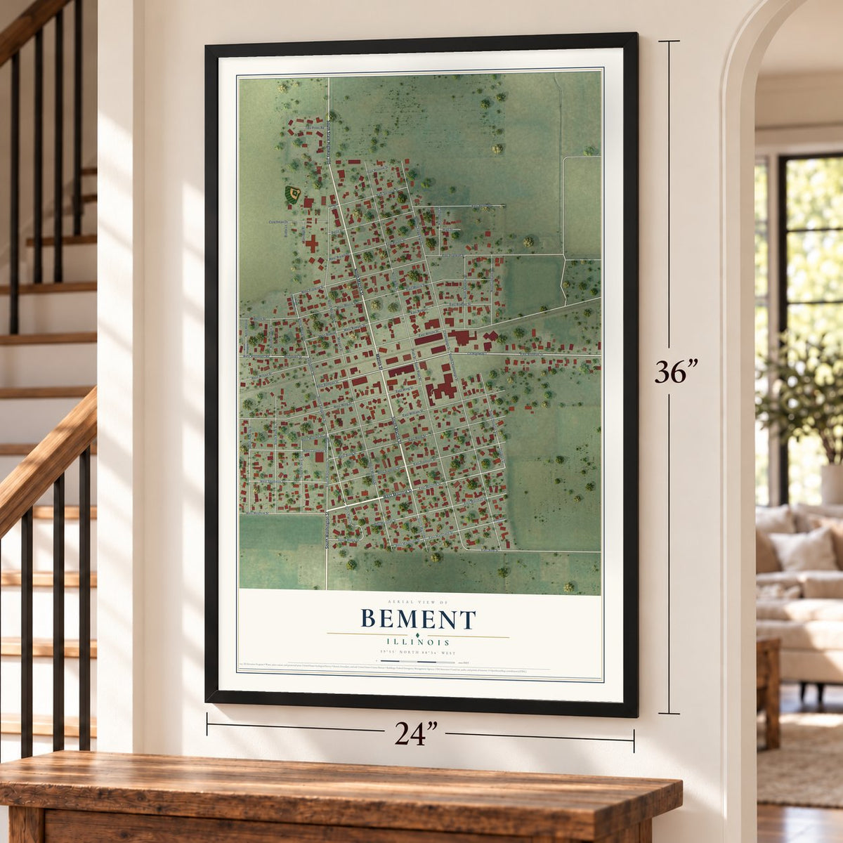 Bement, Illinois map, 24 x 36 inch print in a black frame by a staircase