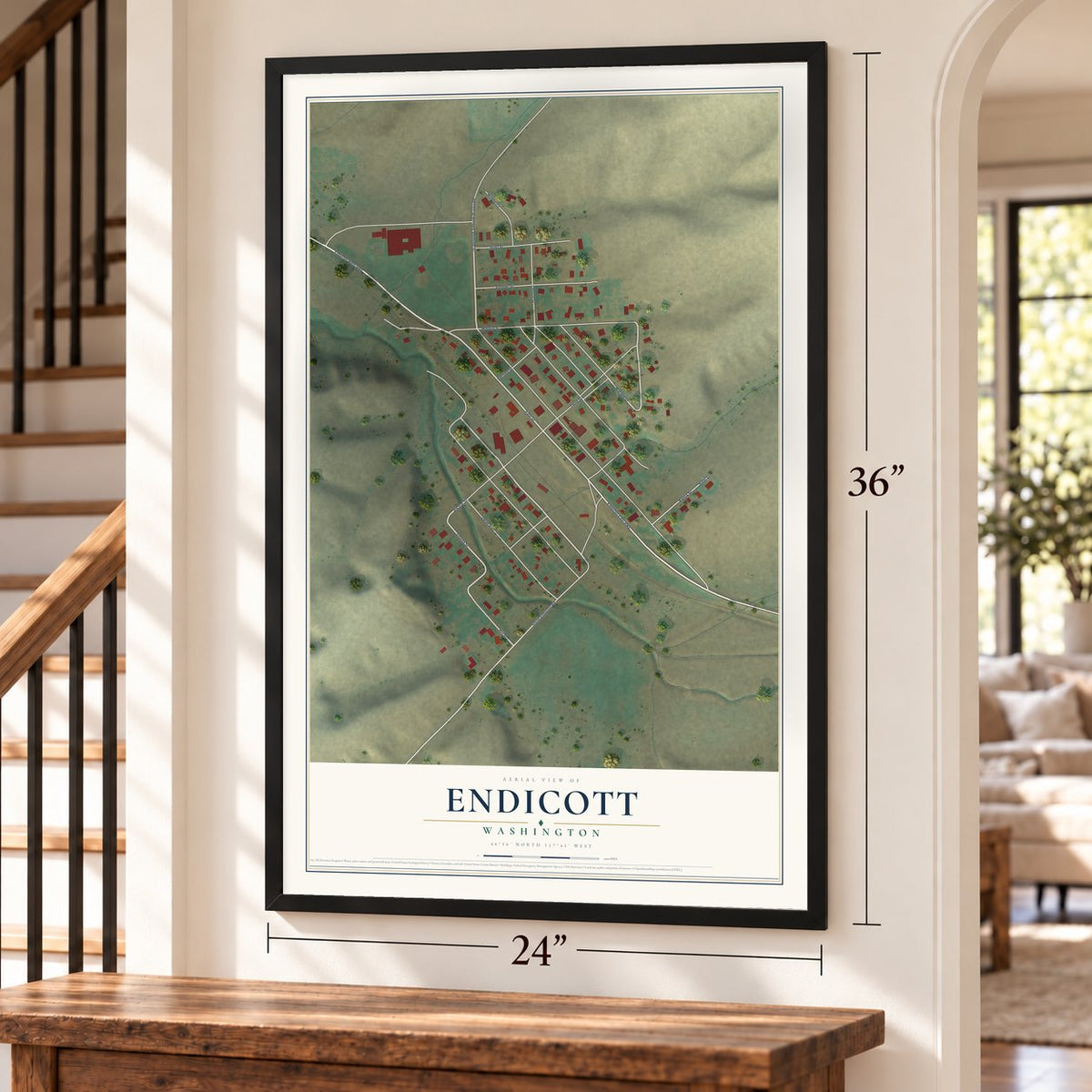 Endicott, Washington map, 24 x 36 inch print in a black frame by a staircase