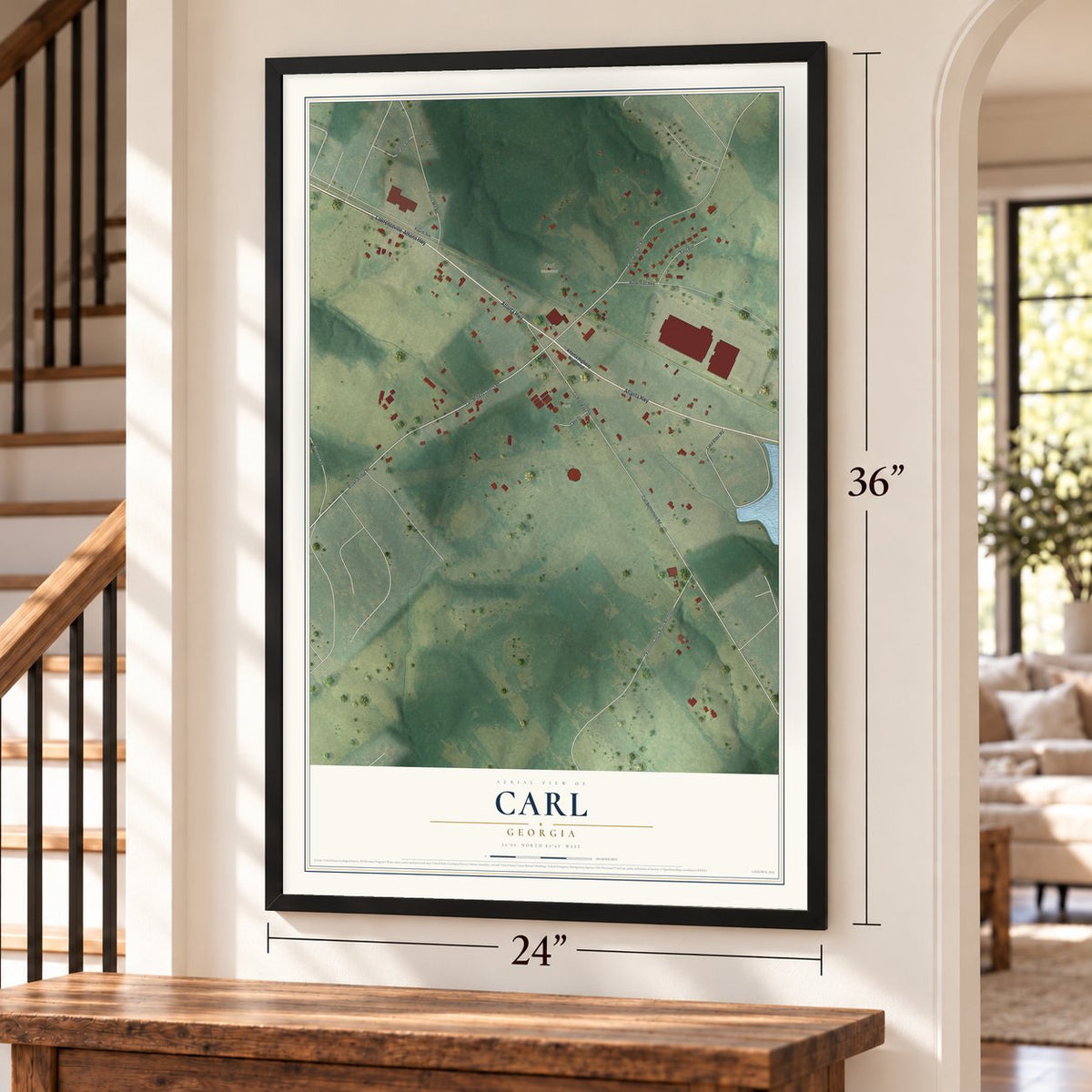 Carl, Georgia map, 24 x 36 inch print in a black frame by a staircase
