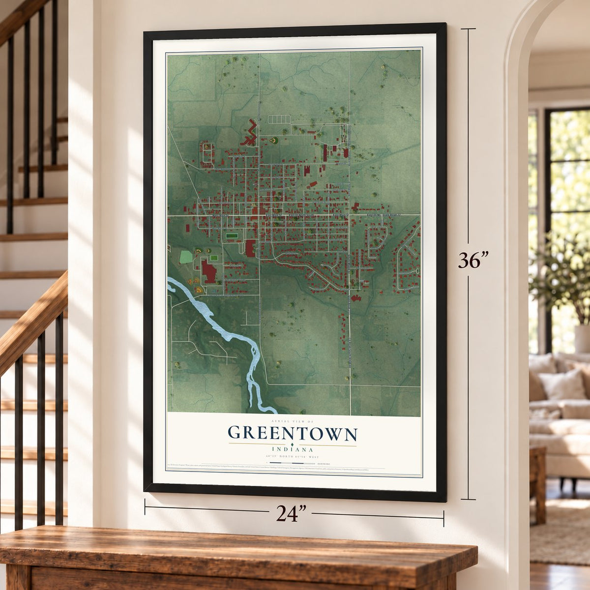 Greentown, Indiana map, 24 x 36 inch print in a black frame by a staircase