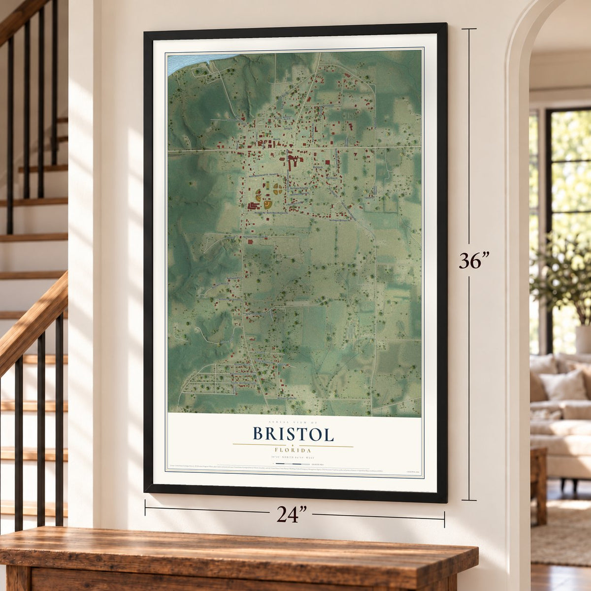 Bristol, Florida map, 24 x 36 inch print in a black frame by a staircase