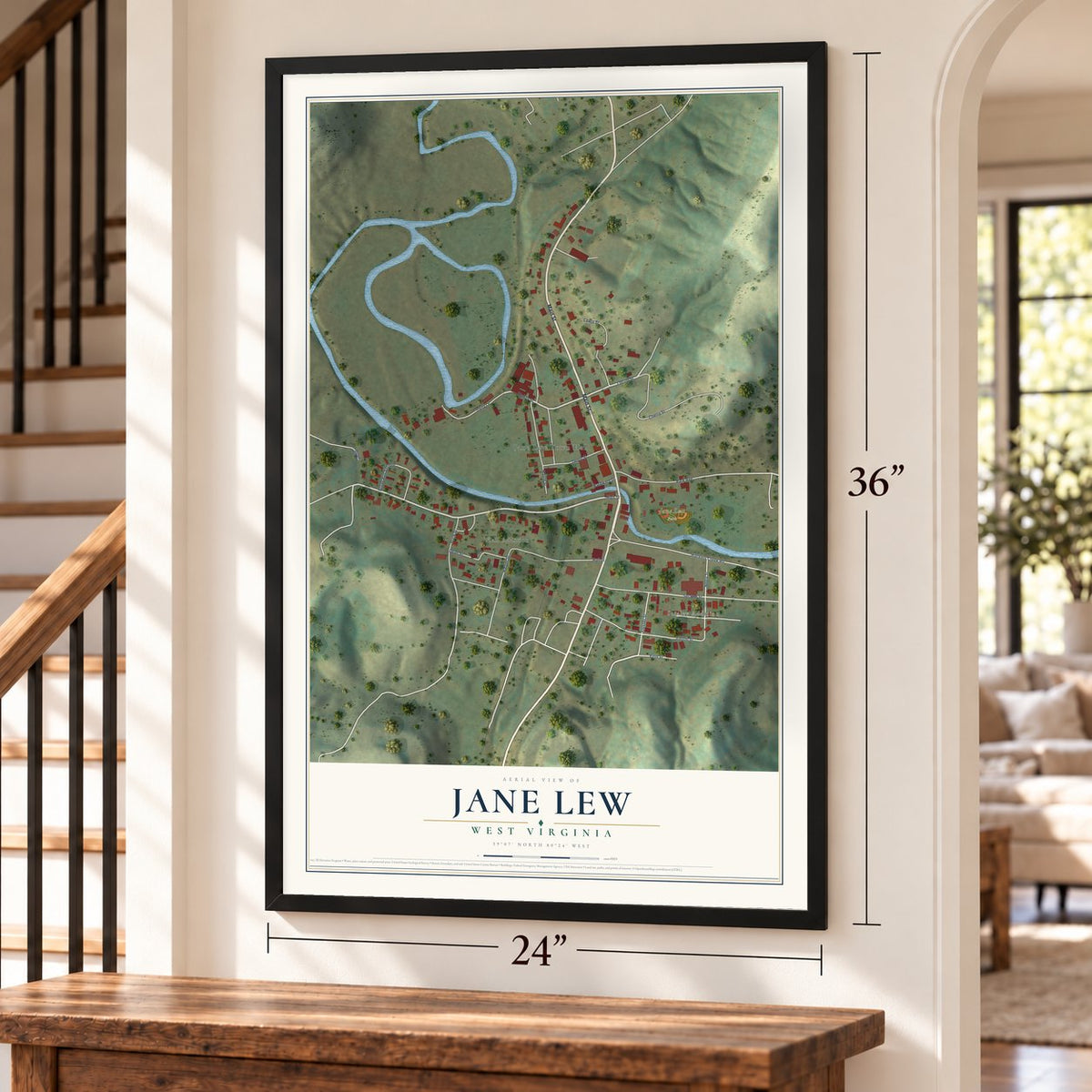 Jane Lew, West Virginia map, 24 x 36 inch print in a black frame by a staircase