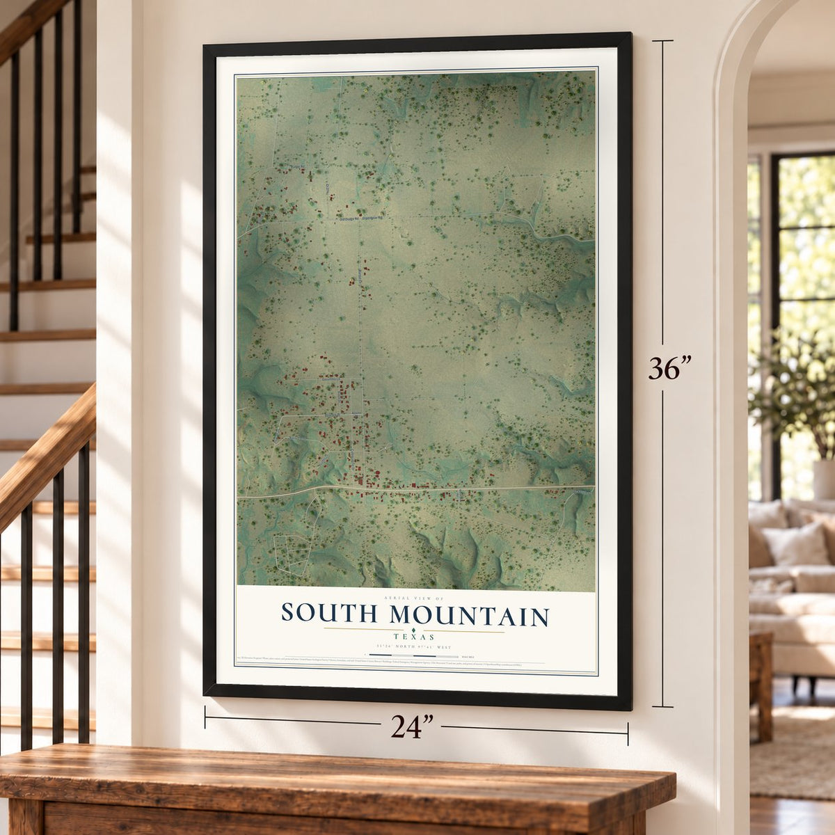 South Mountain, Texas map, 24 x 36 inch print in a black frame by a staircase