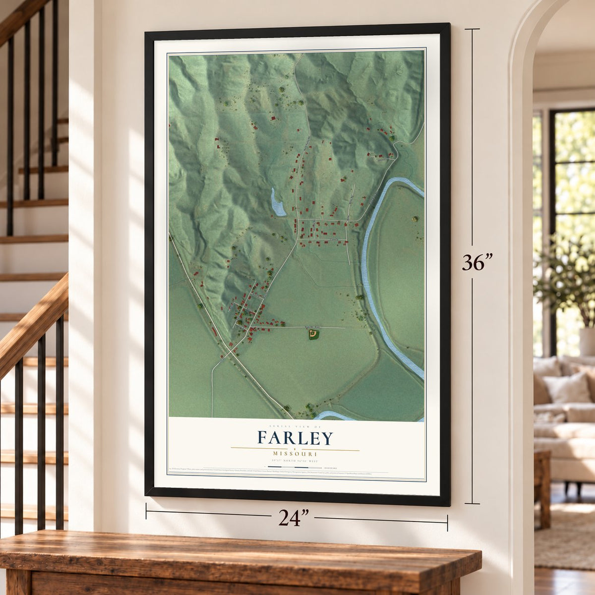 Farley, Missouri map, 24 x 36 inch print in a black frame by a staircase