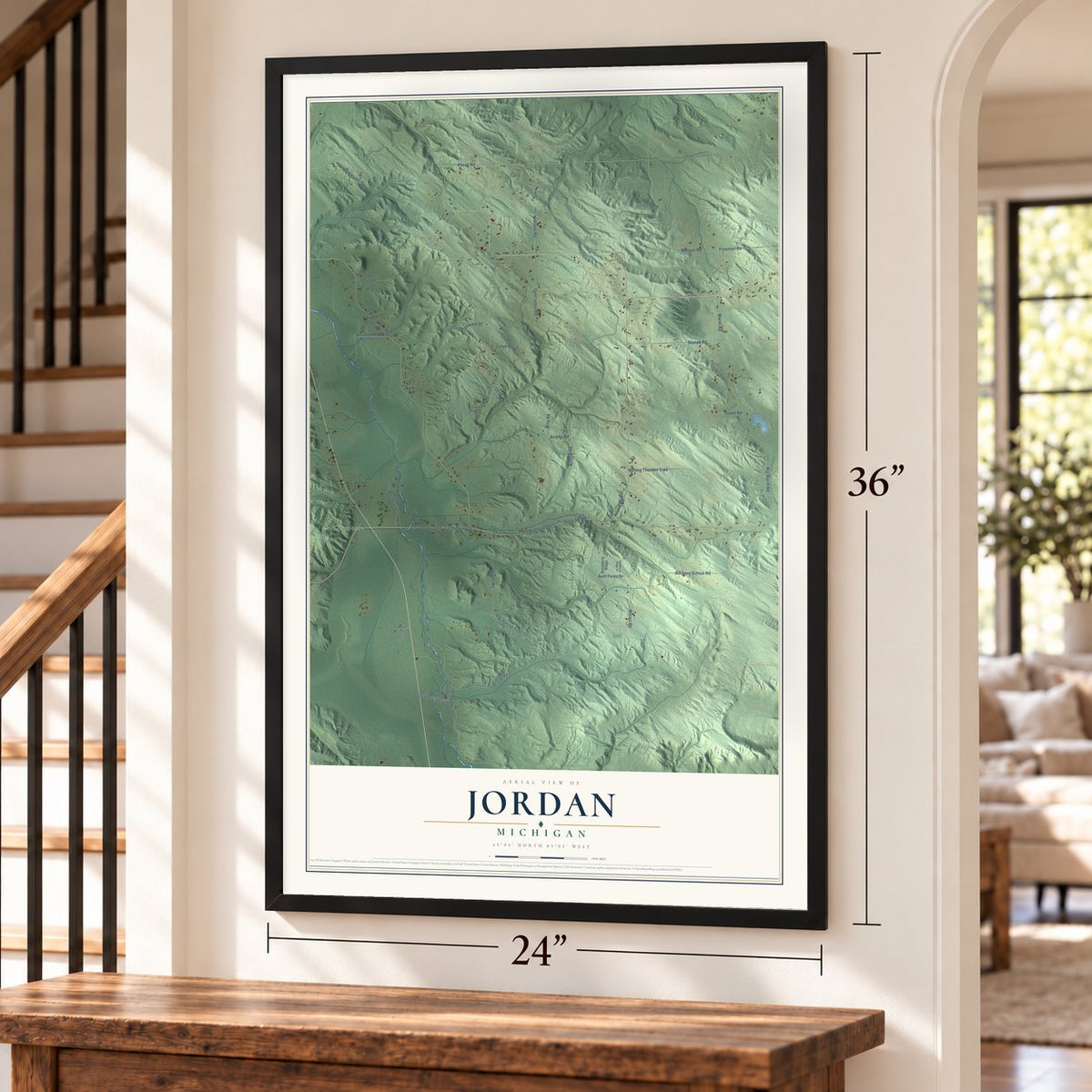 Jordan, Michigan map, 24 x 36 inch print in a black frame by a staircase