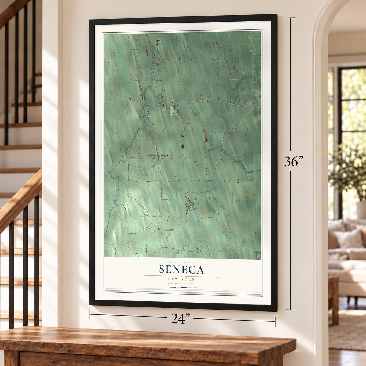 Seneca, New York map, 24 x 36 inch print in a black frame by a staircase
