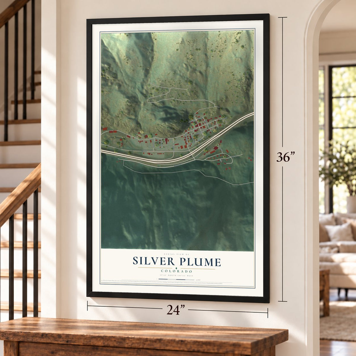 Silver Plume, Colorado map, 24 x 36 inch print in a black frame by a staircase
