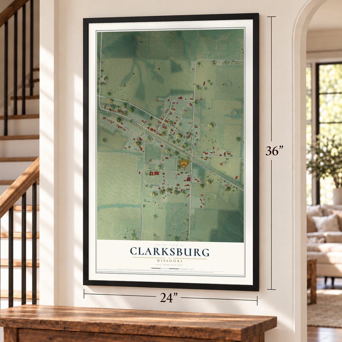 Clarksburg, Missouri map, 24 x 36 inch print in a black frame by a staircase