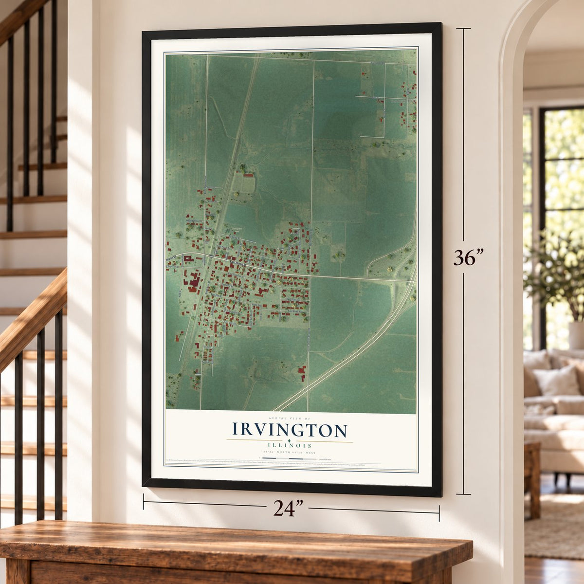 Irvington, Illinois map, 24 x 36 inch print in a black frame by a staircase