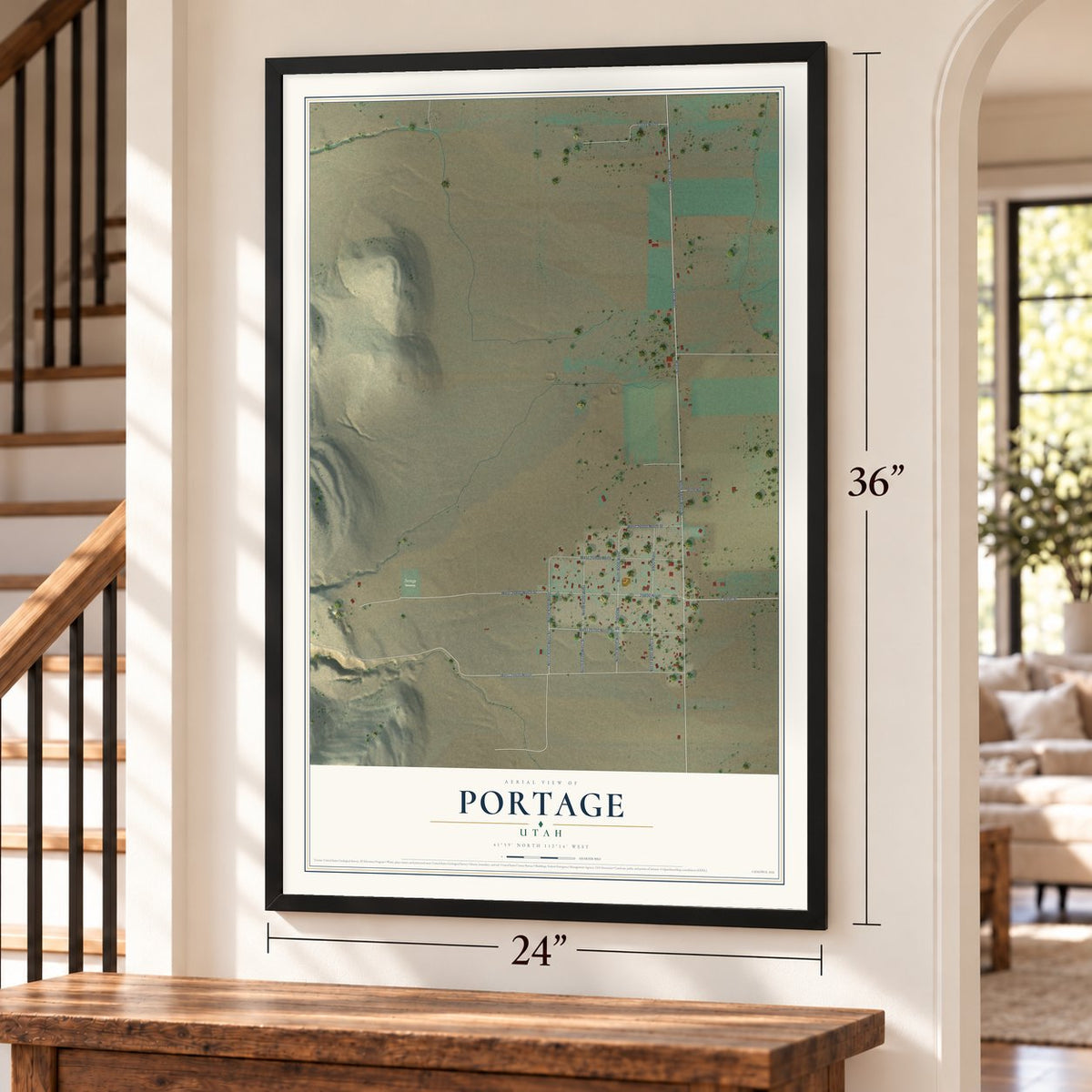 Portage, Utah map, 24 x 36 inch print in a black frame by a staircase