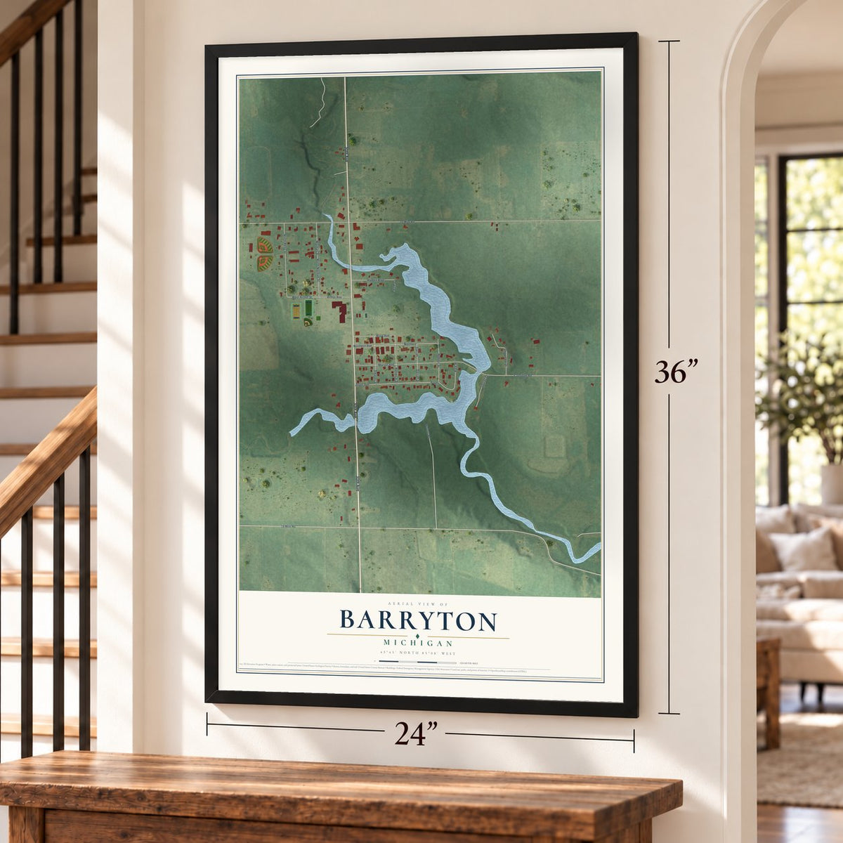 Barryton, Michigan map, 24 x 36 inch print in a black frame by a staircase