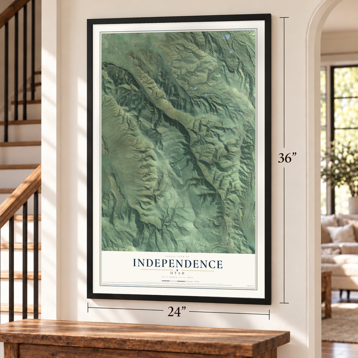 Independence, Utah map, 24 x 36 inch print in a black frame by a staircase