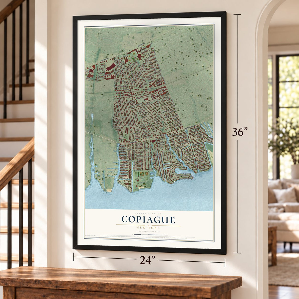 Copiague, New York map, 24 x 36 inch print in a black frame by a staircase