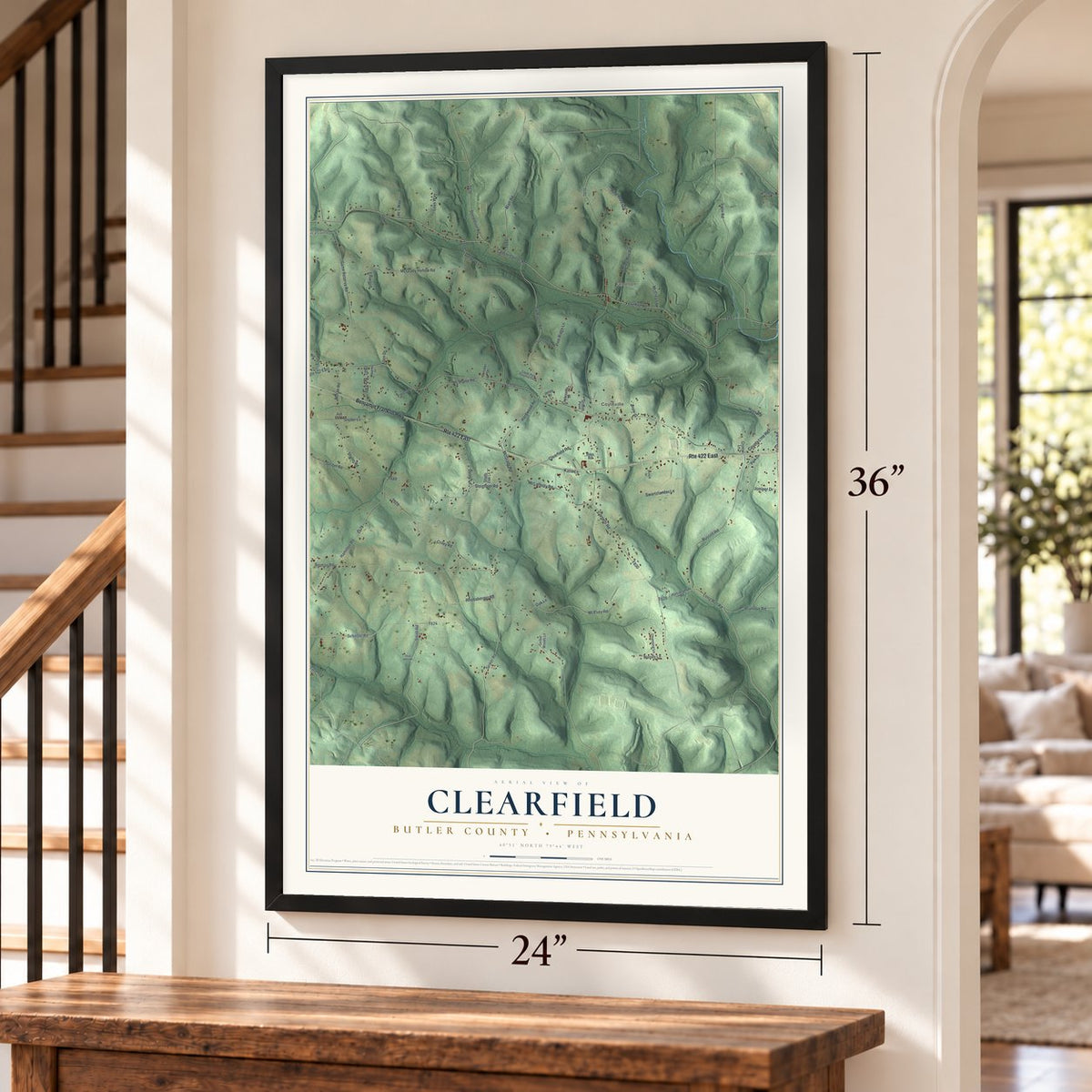 Clearfield, Butler County, Pennsylvania map, 24 x 36 inch print in a black frame by a staircase