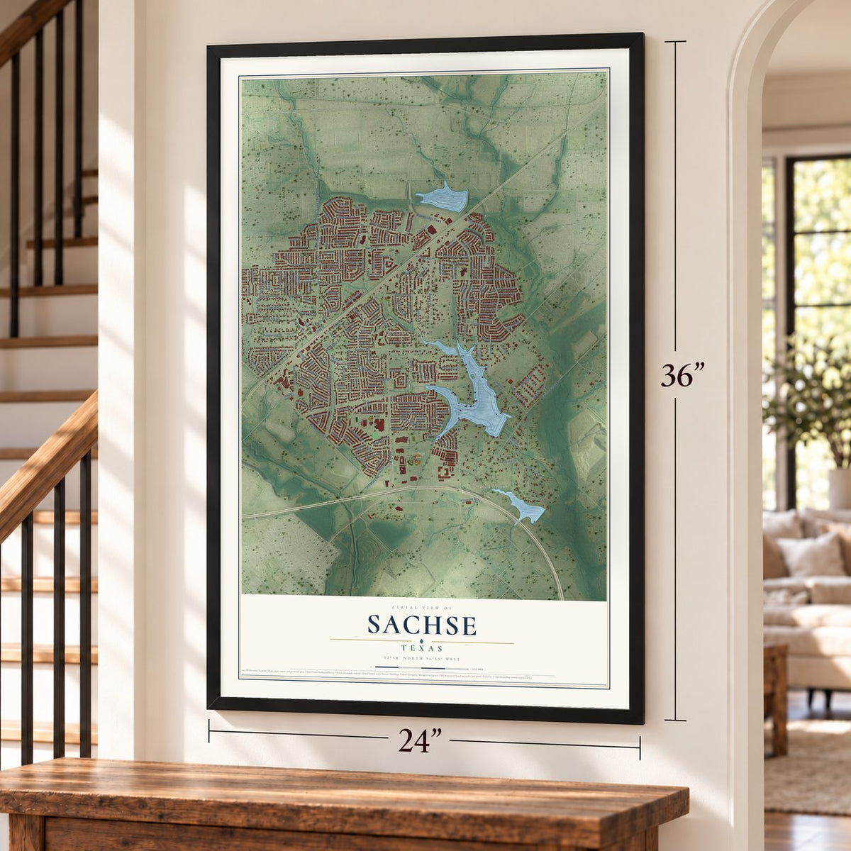 Sachse, Texas map, 24 x 36 inch print in a black frame by a staircase