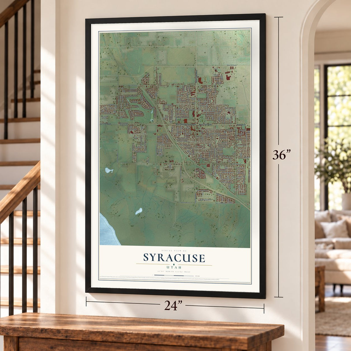 Syracuse, Utah map, 24 x 36 inch print in a black frame by a staircase