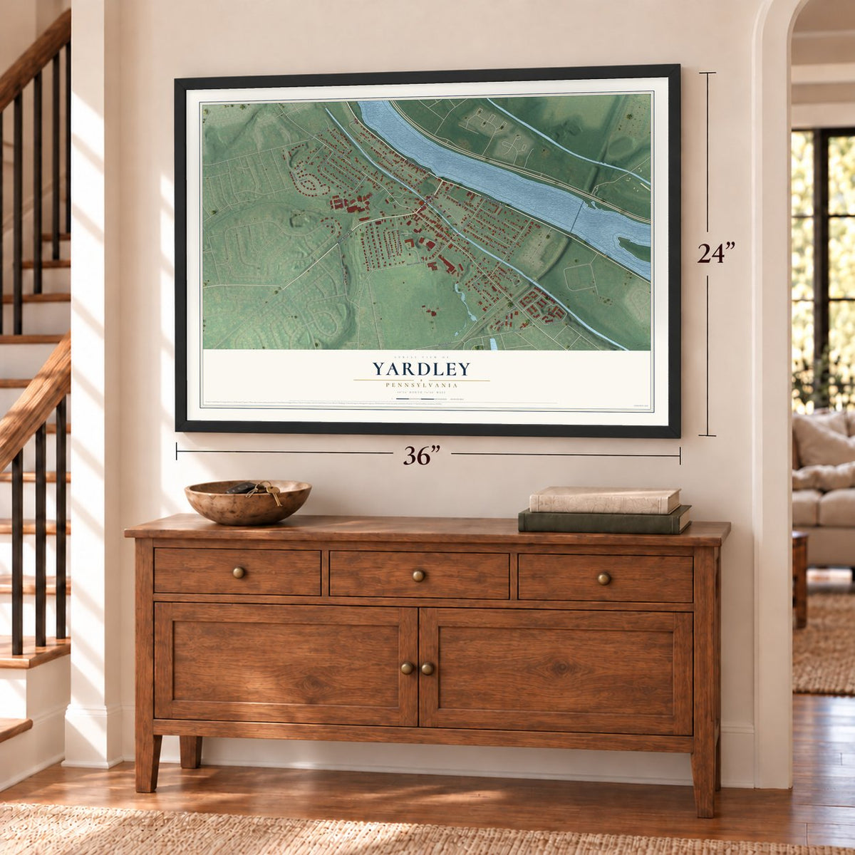 Yardley, Pennsylvania map, 24 x 36 inch print in a black frame above a dresser by a staircase