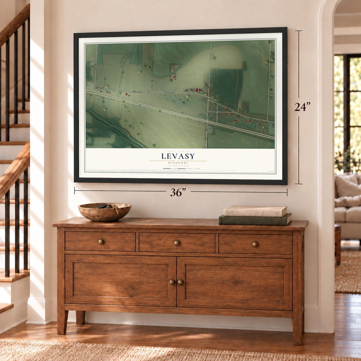 Levasy, Missouri map, 24 x 36 inch print in a black frame above a dresser by a staircase
