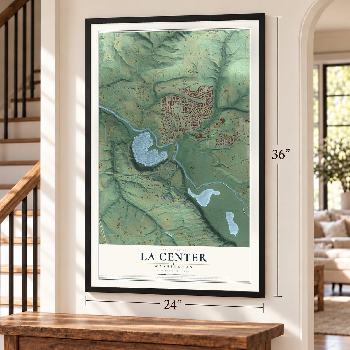 La Center, Washington map, 24 x 36 inch print in a black frame by a staircase