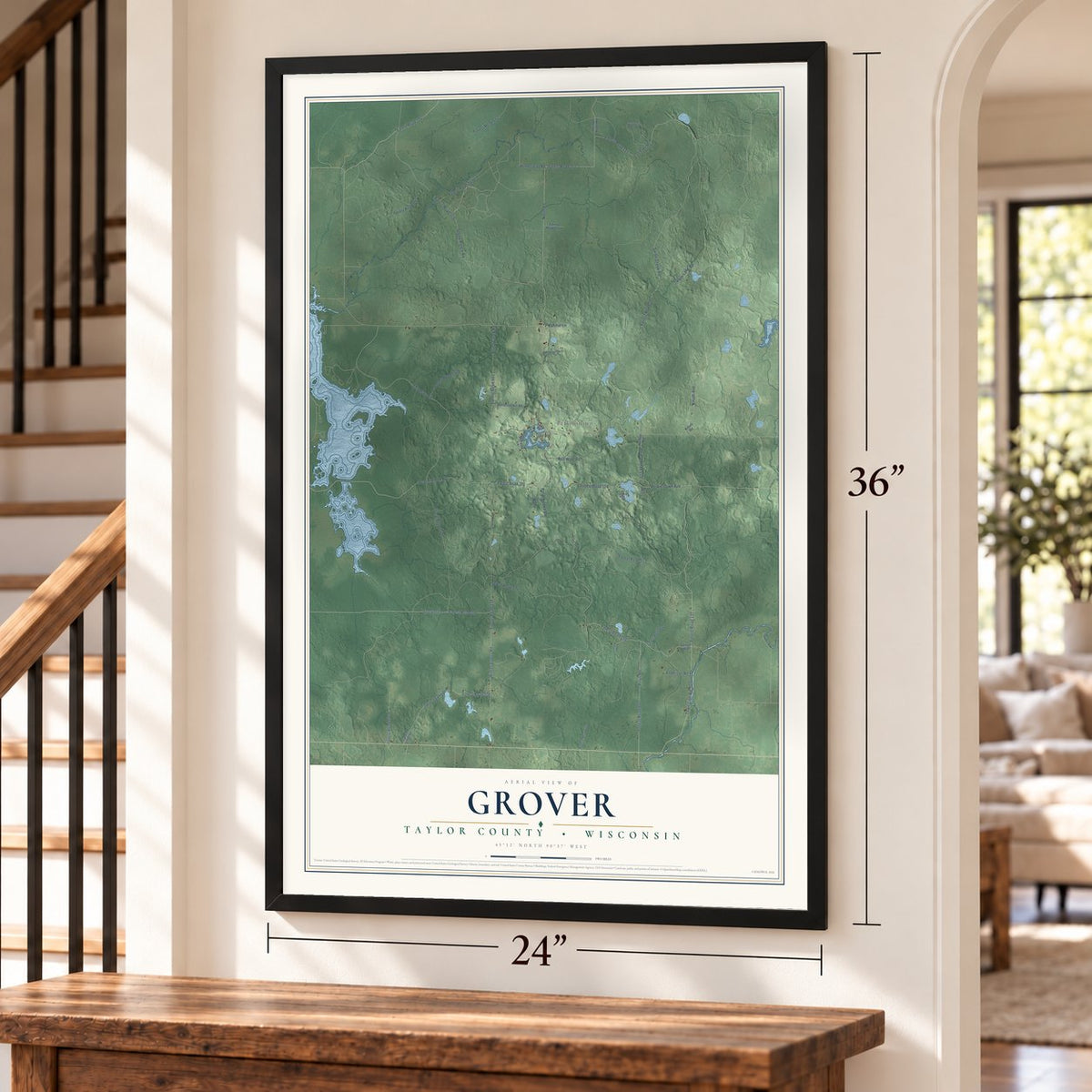 Grover, Taylor County, Wisconsin map, 24 x 36 inch print in a black frame by a staircase