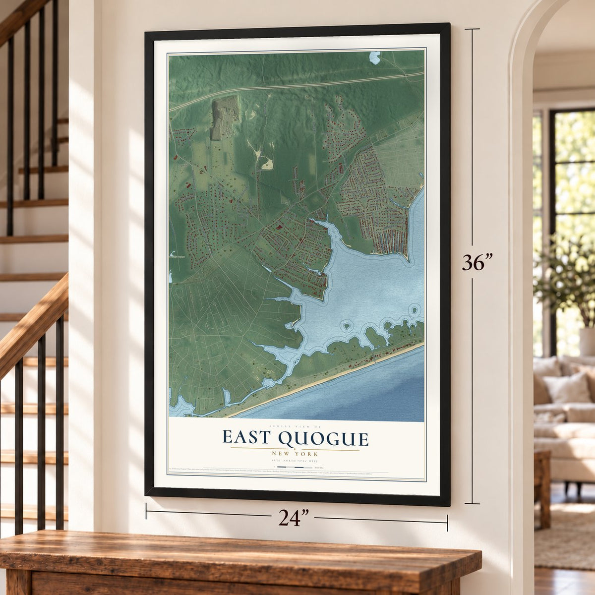 East Quogue, New York map, 24 x 36 inch print in a black frame by a staircase