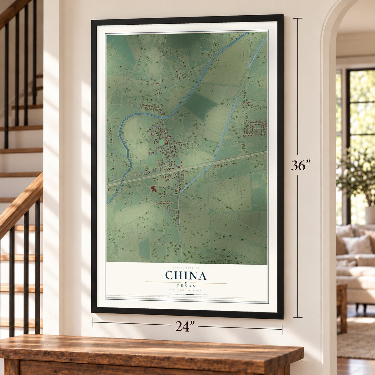 China, Texas map, 24 x 36 inch print in a black frame by a staircase