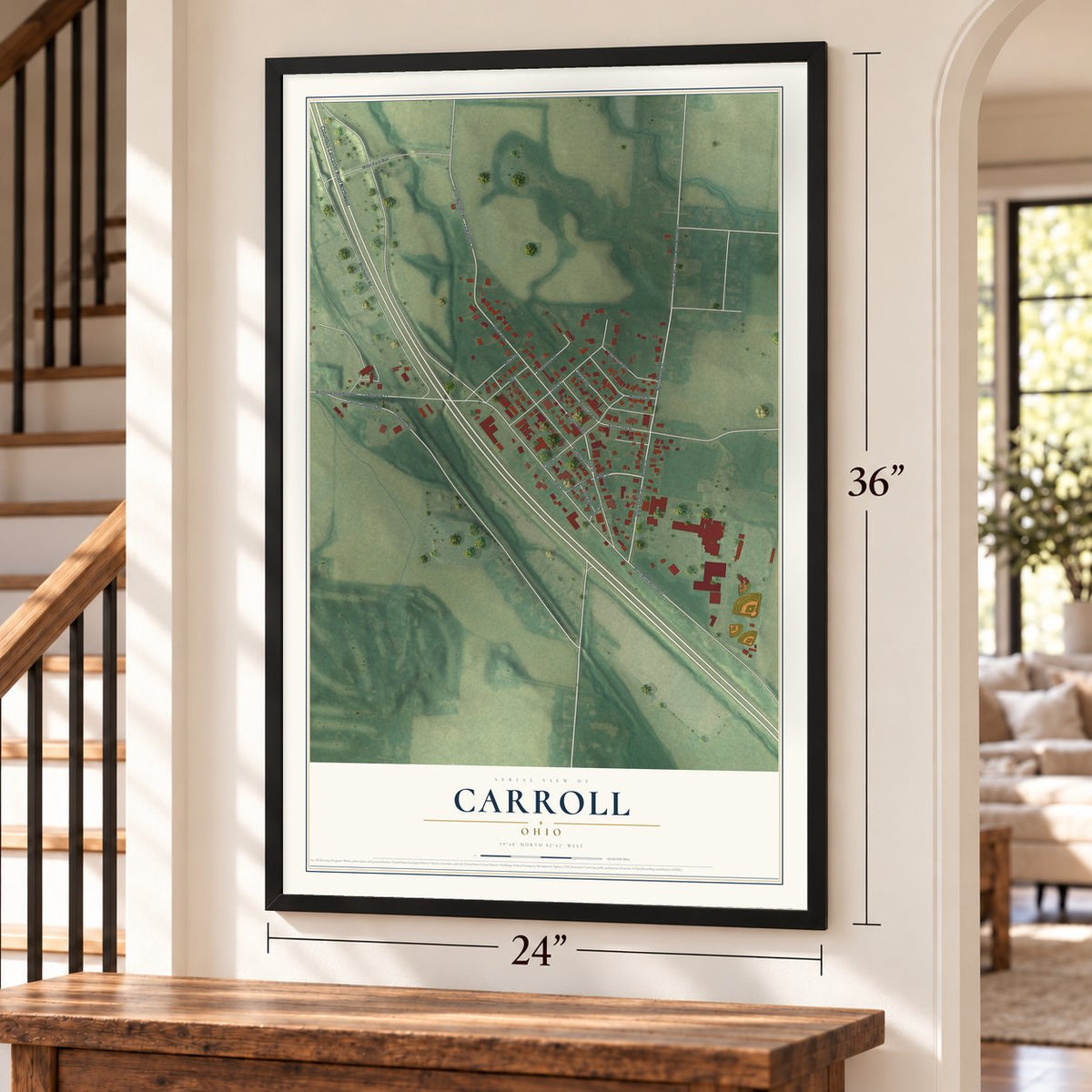 Carroll, Ohio map, 24 x 36 inch print in a black frame by a staircase
