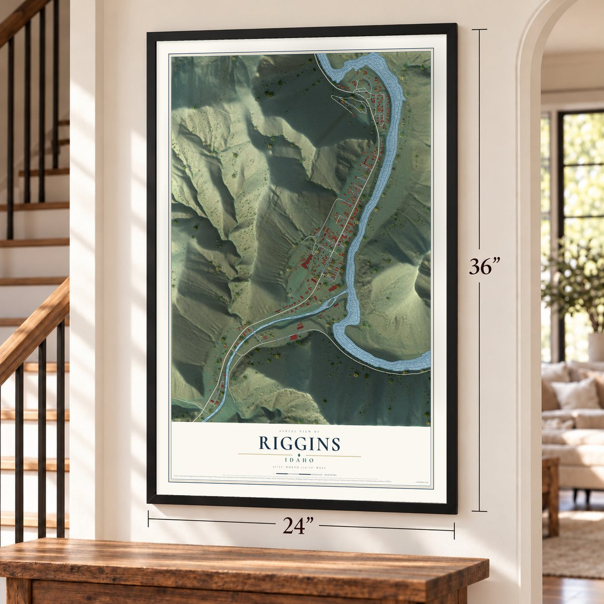 Riggins, Idaho map, 24 x 36 inch print in a black frame by a staircase