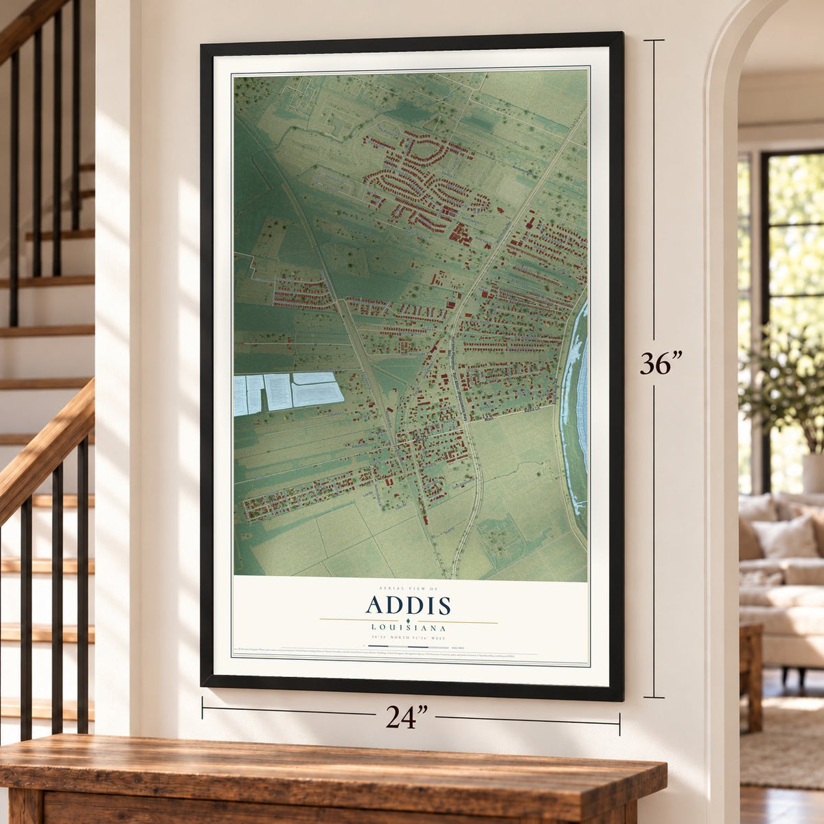 Addis, Louisiana map, 24 x 36 inch print in a black frame by a staircase