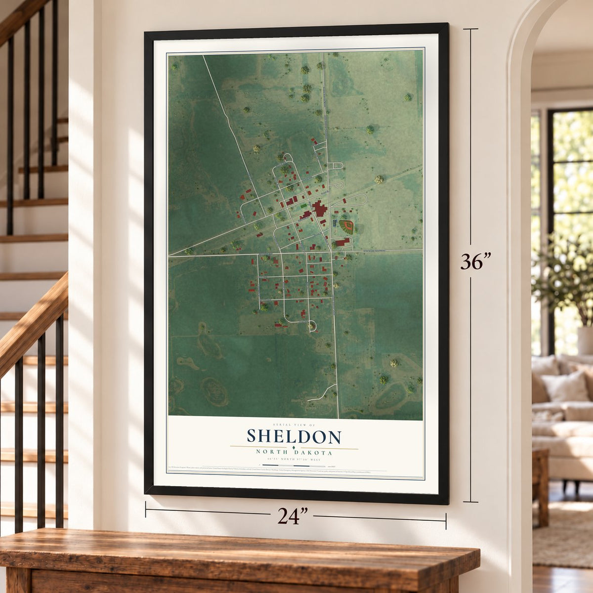 Sheldon, North Dakota map, 24 x 36 inch print in a black frame by a staircase