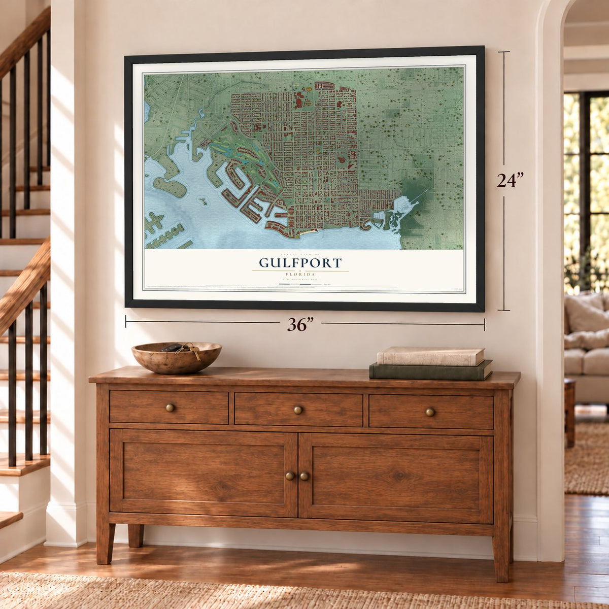 Gulfport, Florida map, 24 x 36 inch print in a black frame above a dresser by a staircase