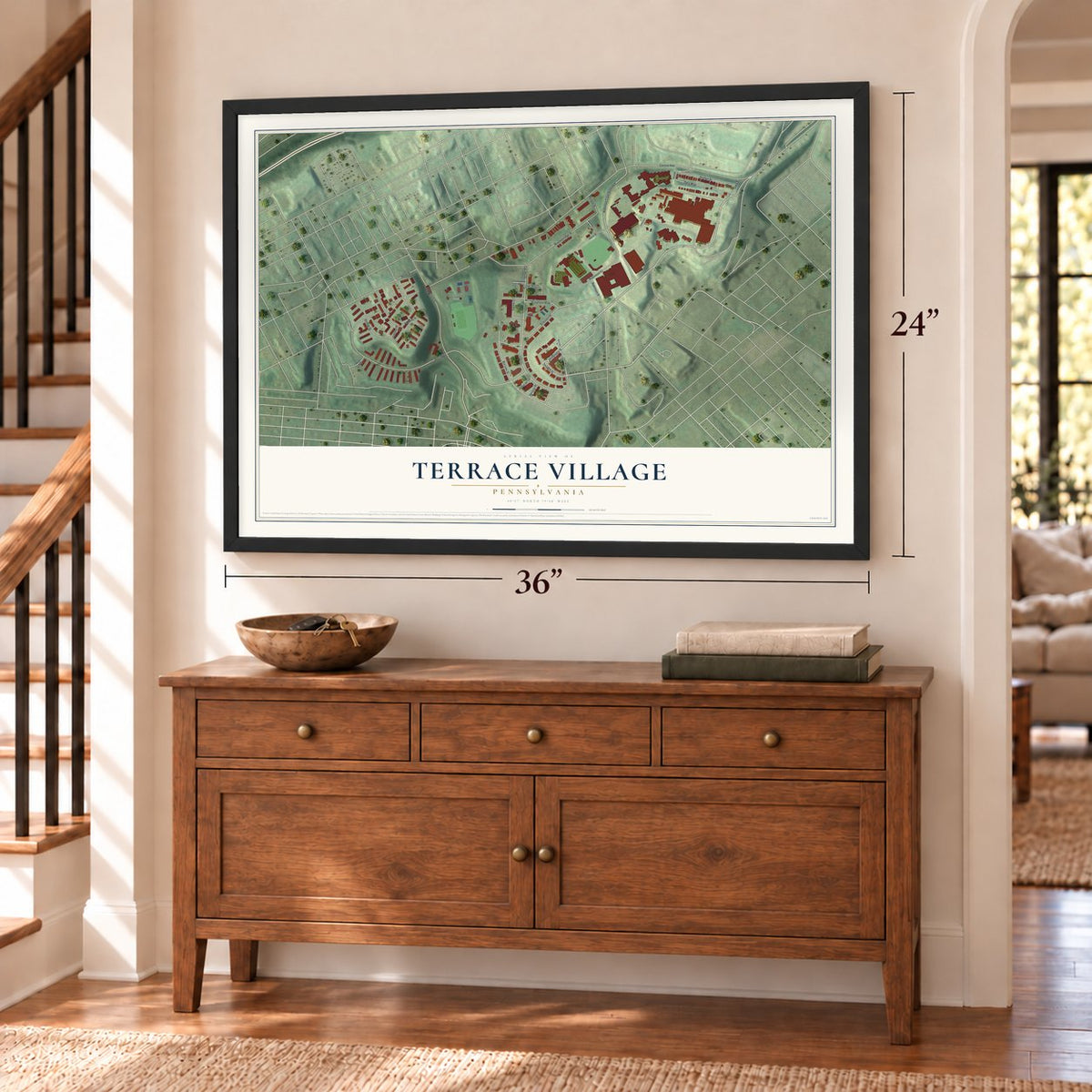 Terrace Village, Pennsylvania map, 24 x 36 inch print in a black frame above a dresser by a staircase