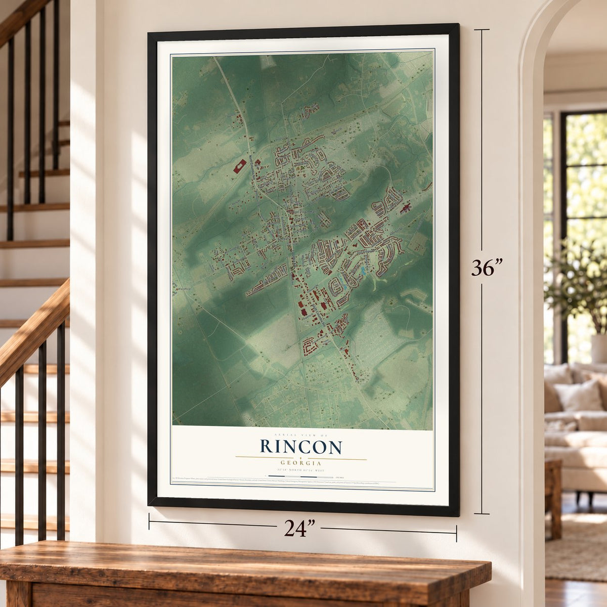 Rincon, Georgia map, 24 x 36 inch print in a black frame by a staircase