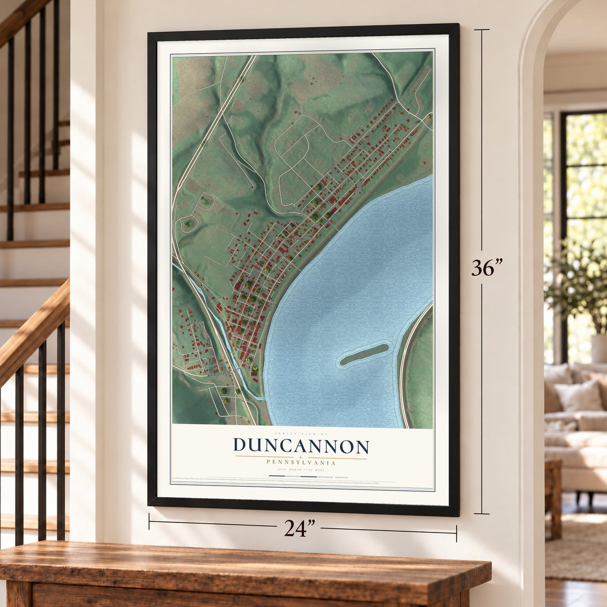 Duncannon, Pennsylvania map, 24 x 36 inch print in a black frame by a staircase